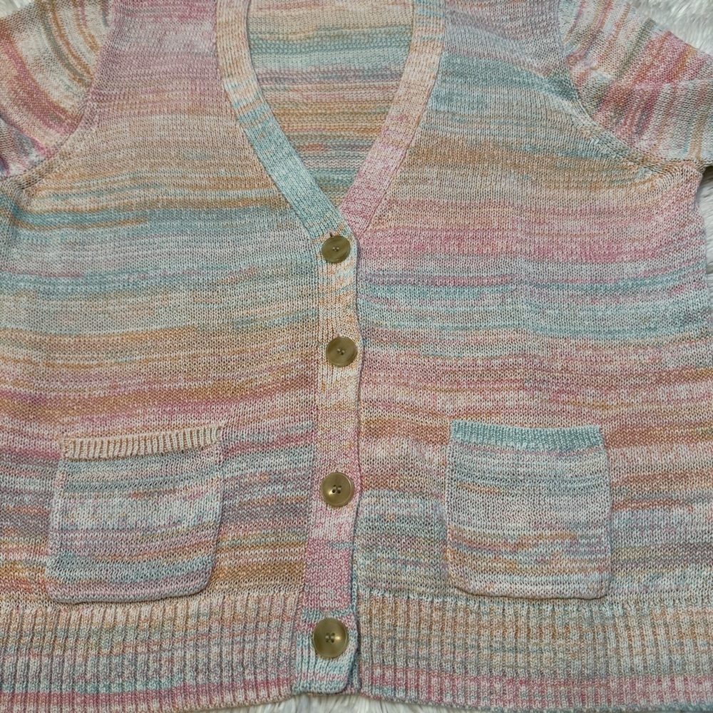 J. Crew Pastel Multicolor Rainbow V-Neck Cotton Button Front Cardigan - Picture 3 of 10